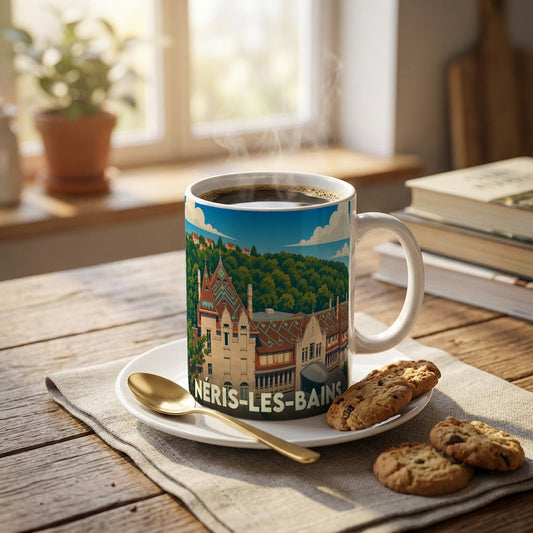 Mug souvenir de la ville de Néris-les-Bains avec une illustration stylisée de ses thermes.