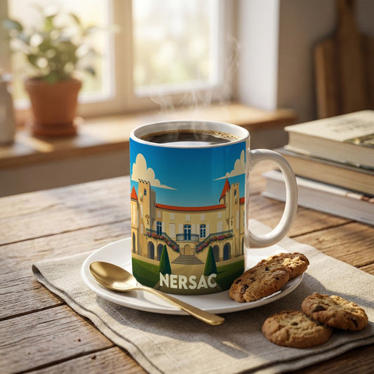Mug souvenir de la ville de Nersac avec une illustration stylisée de son château.