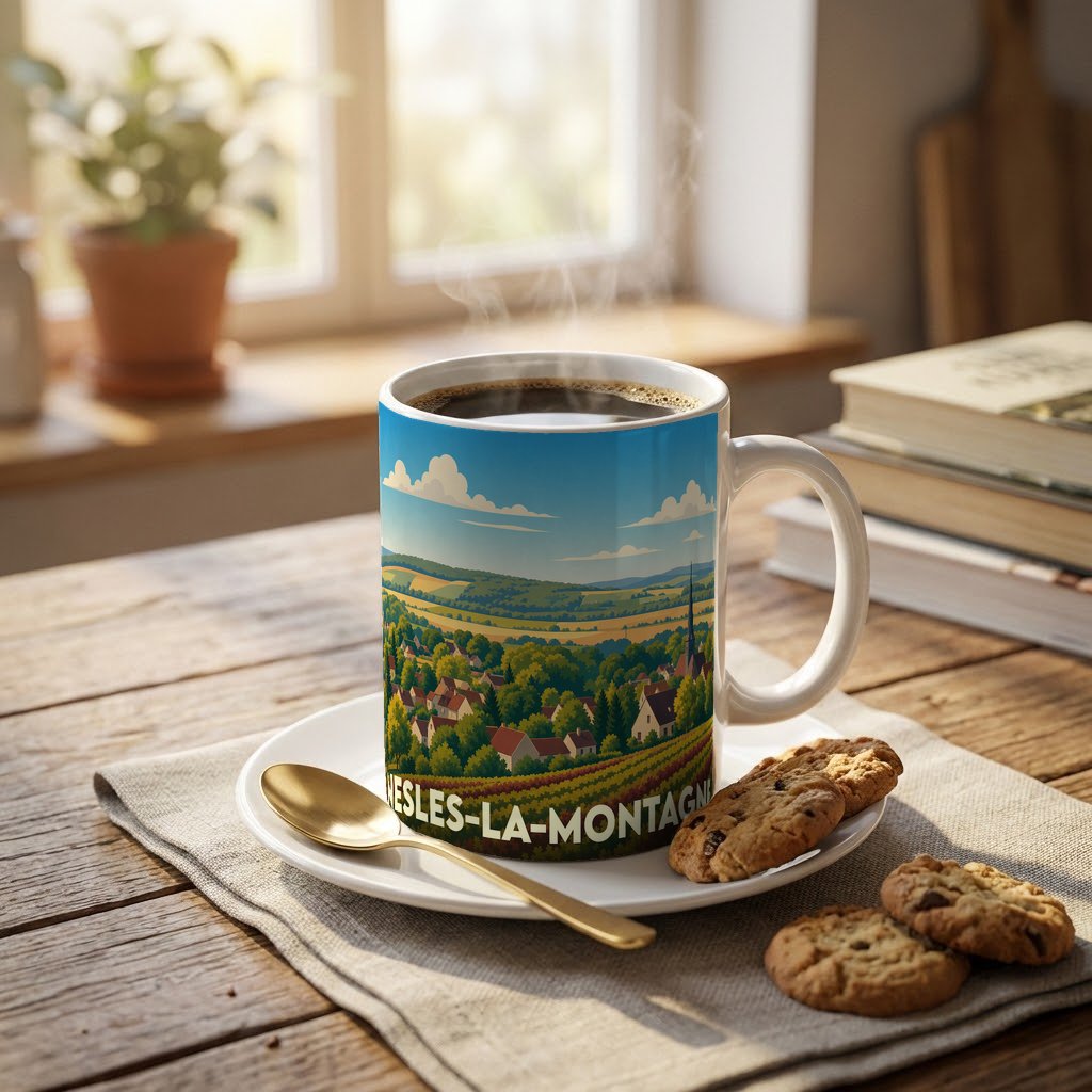 Mug souvenir de la ville de Nesles-la-Montagne avec une illustration de paysages vallonnés et de vignobles.