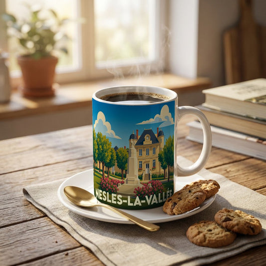 Mug souvenir de la ville de Nesles-la-Vallée avec une illustration stylisée d'un château et de jardins.