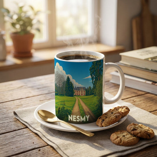 Mug souvenir de la ville de Nesmy avec une illustration stylisée d'un château au bout d'un chemin.