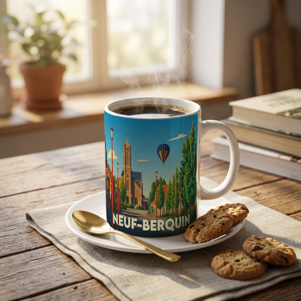 Mug souvenir de la ville de Neuf-Berquin avec une illustration colorée et stylisée de son église et d'une montgolfière.