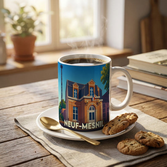 Mug souvenir de la ville de Neuf-Mesnil avec une illustration stylisée de sa mairie.