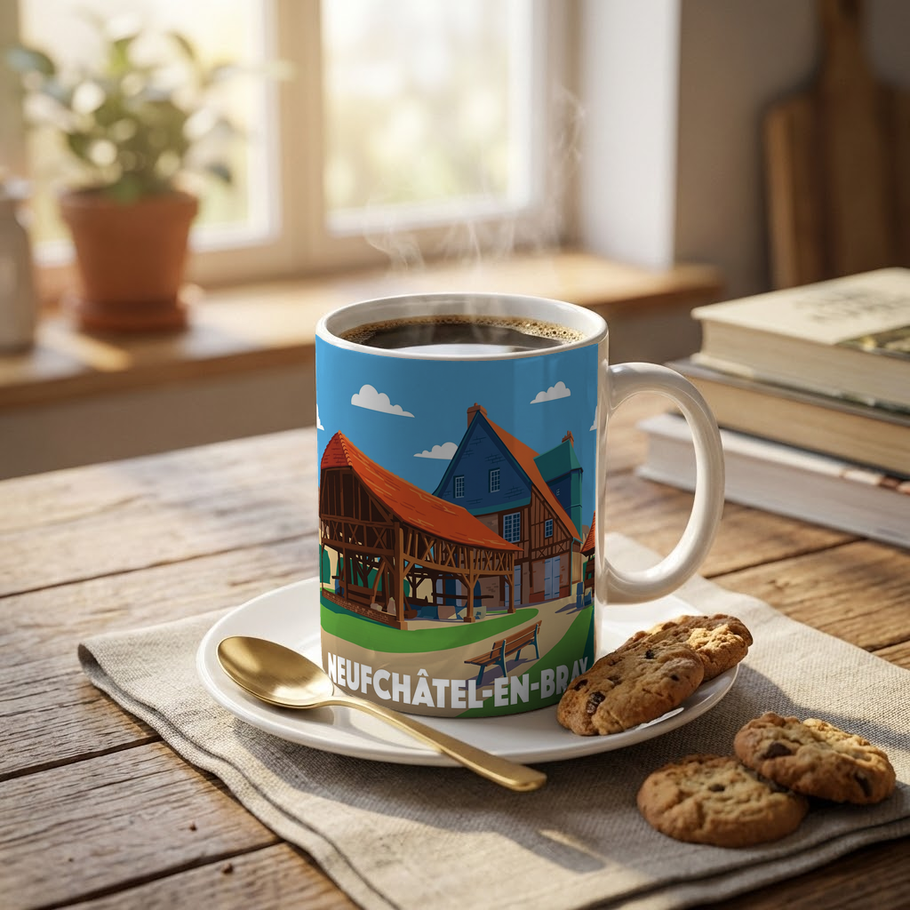Mug souvenir de la ville de Neufchâtel-en-Bray avec une illustration stylisée de bâtiments traditionnels.