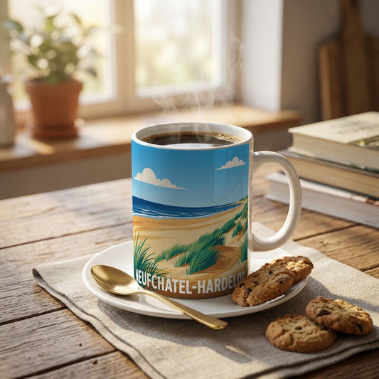 Mug souvenir de la ville de Neufchâtel-Hardelot avec une illustration de bord de mer stylisée.