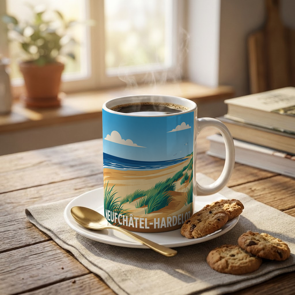 Mug souvenir de la ville de Neufchâtel-Hardelot avec une illustration de bord de mer stylisée.