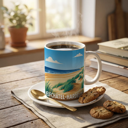 Mug souvenir de la ville de Neufchâtel-Hardelot avec une illustration de bord de mer stylisée.