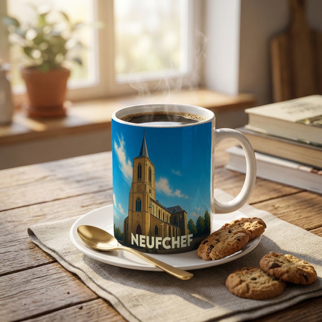 Mug souvenir de la ville de Neufchef illustré d'une église sous un ciel bleu.