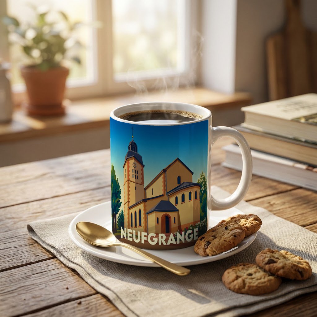 Mug souvenir de la ville de Neufgrange orné d'une illustration stylisée de son église.