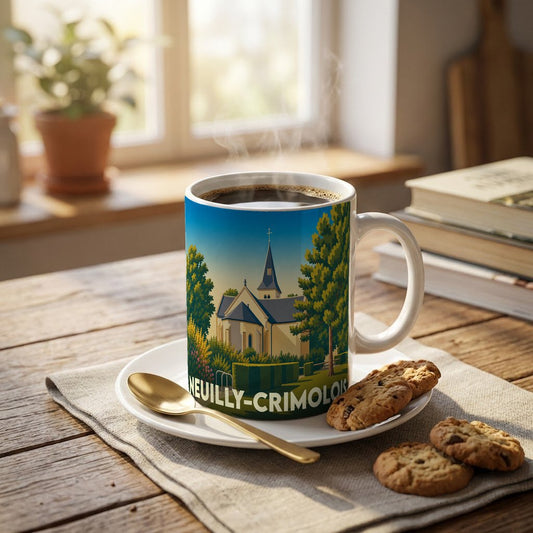 Mug souvenir de la ville de Neuilly-Crimolois avec une illustration stylisée de son église.