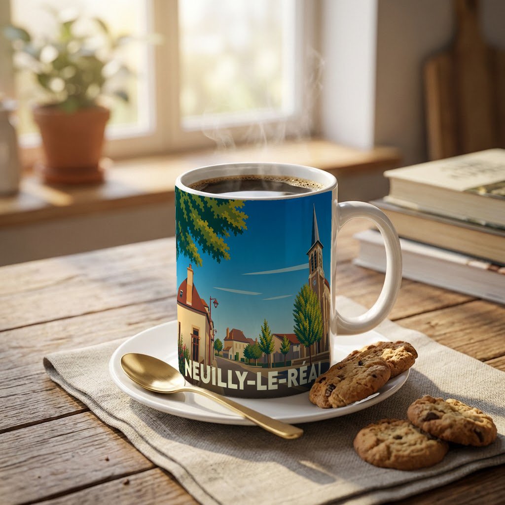 Mug souvenir de la ville de Neuilly-le-Réal avec une illustration stylisée.
