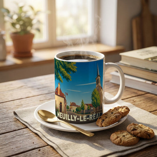 Mug souvenir de la ville de Neuilly-le-Réal avec une illustration stylisée.