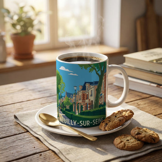 Mug souvenir de la ville de Neuilly-sur-Seine avec une illustration stylisée.