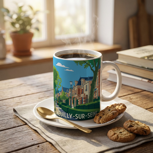 Mug souvenir de la ville de Neuilly-sur-Seine avec une illustration stylisée.