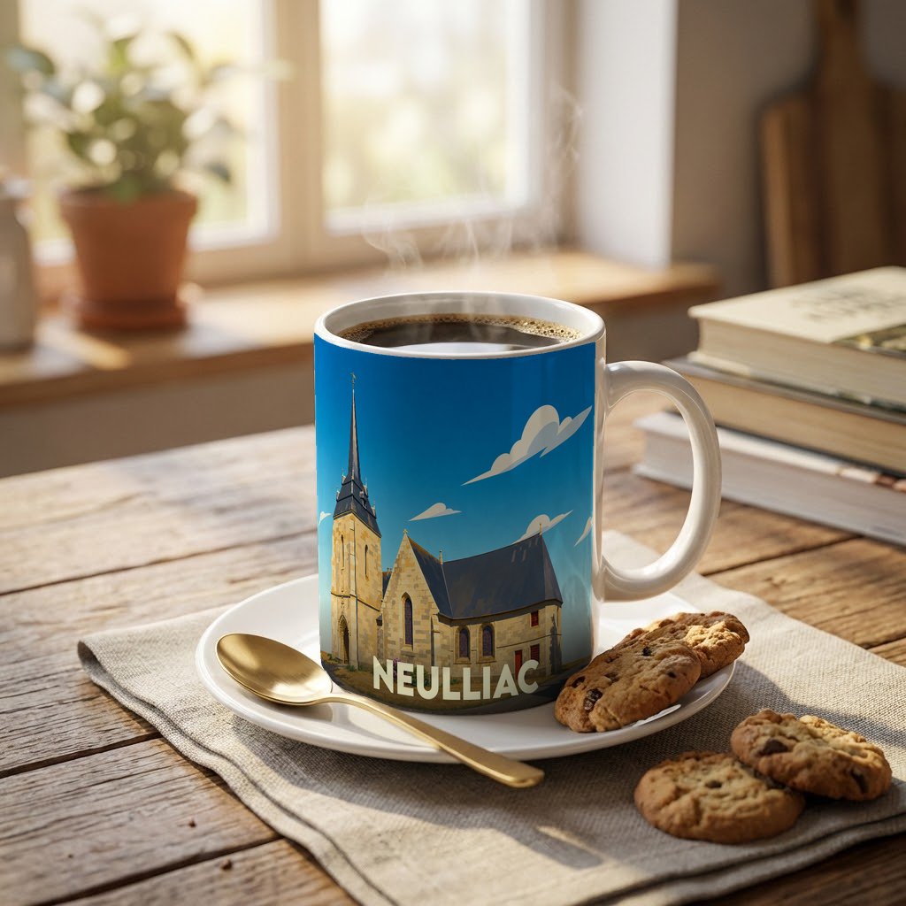 Mug souvenir de la ville de Neulliac avec une illustration stylisée de son église.