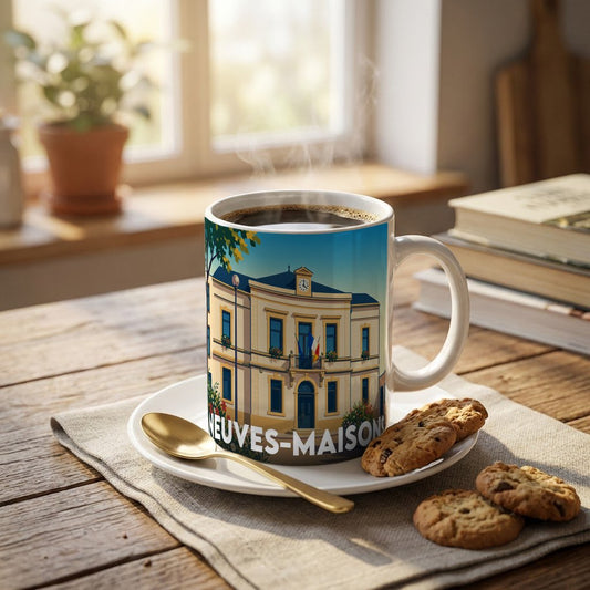 Mug souvenir de la ville de Neuves-Maisons avec une illustration stylisée de l'hôtel de ville.