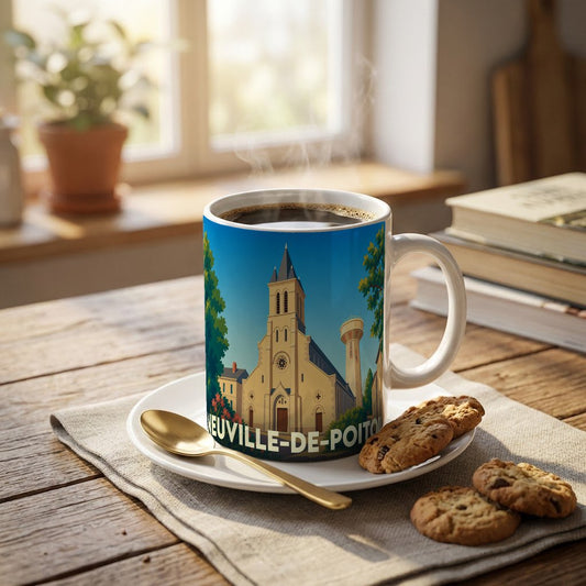 Mug souvenir de la ville de Neuville-de-Poitou orné d'une illustration stylisée de son église et de son château d'eau.