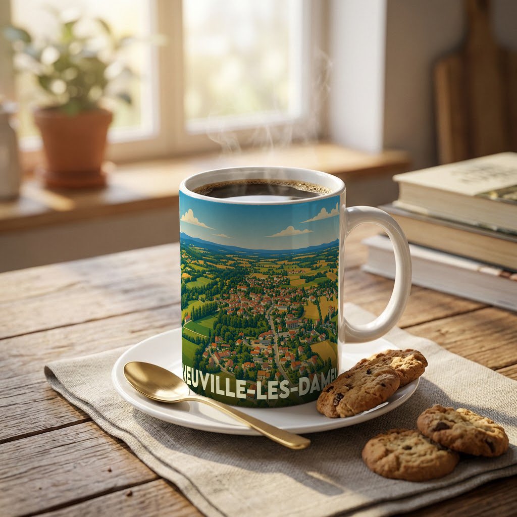 Mug souvenir de la ville de Neuville-les-Dames avec une illustration panoramique stylisée.