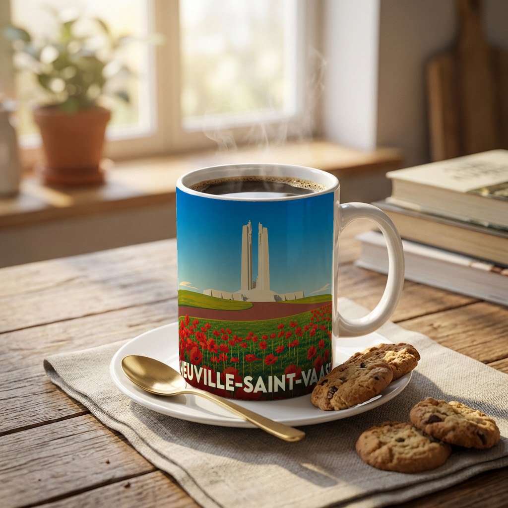 Mug souvenir de la ville de Neuville-Saint-Vaast avec une illustration stylisée du Mémorial de Vimy et des coquelicots.