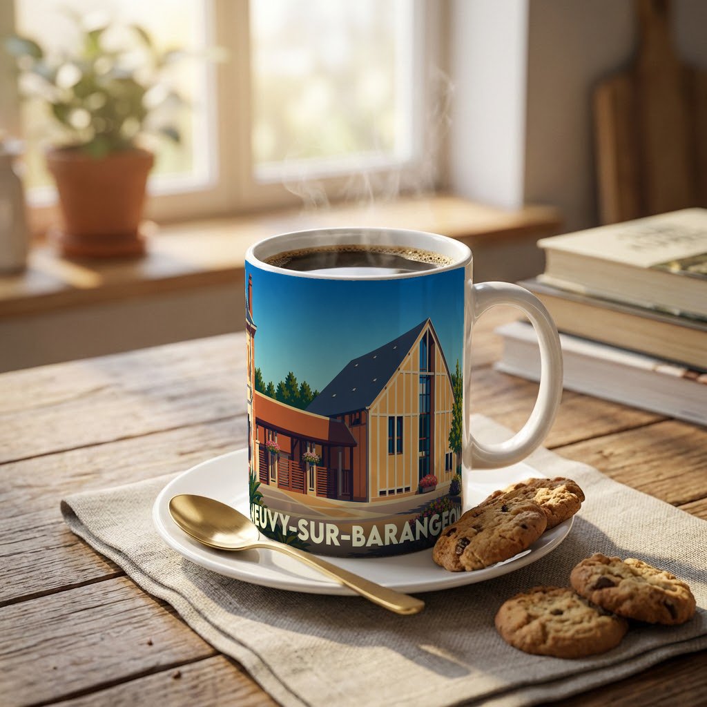 Mug souvenir de la ville de Neuvy-sur-Barangeon avec une illustration stylisée d'un bâtiment local.