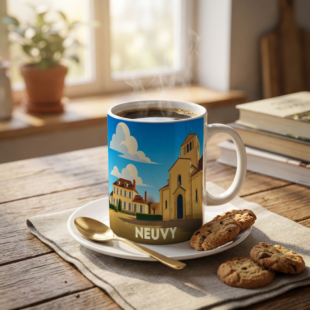 Mug souvenir de la ville de Neuvy avec une illustration stylisée.