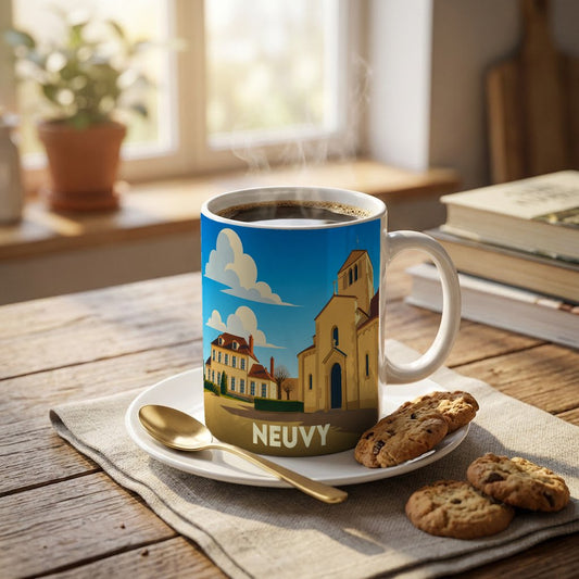 Mug souvenir de la ville de Neuvy avec une illustration stylisée.