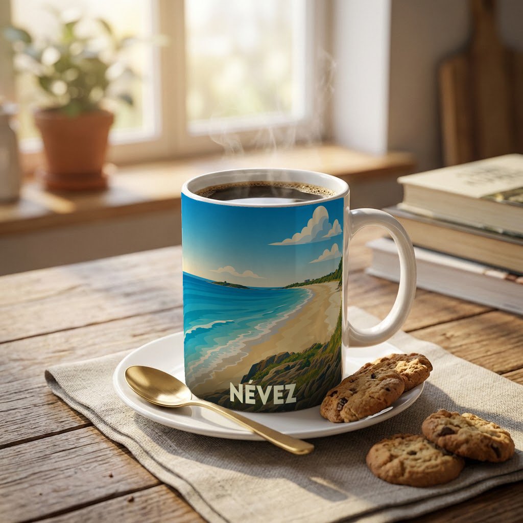 Mug souvenir de la ville de Névez illustré d'un paysage côtier stylisé.