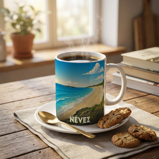 Mug souvenir de la ville de Névez illustré d'un paysage côtier stylisé.