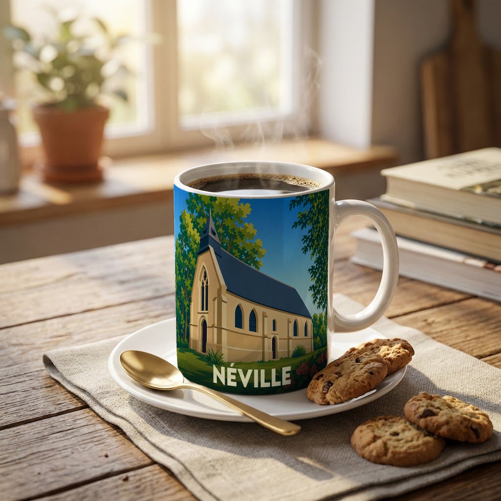 Mug souvenir de la ville de Néville avec une illustration stylisée d'une église.