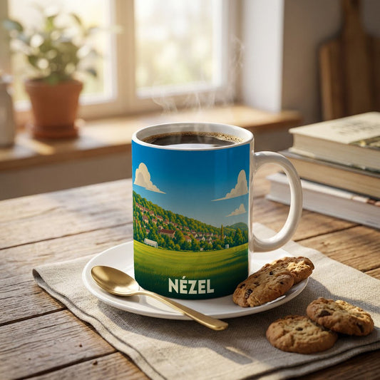 Mug souvenir de la ville de Nézel orné d'une illustration stylisée de son paysage vallonné.