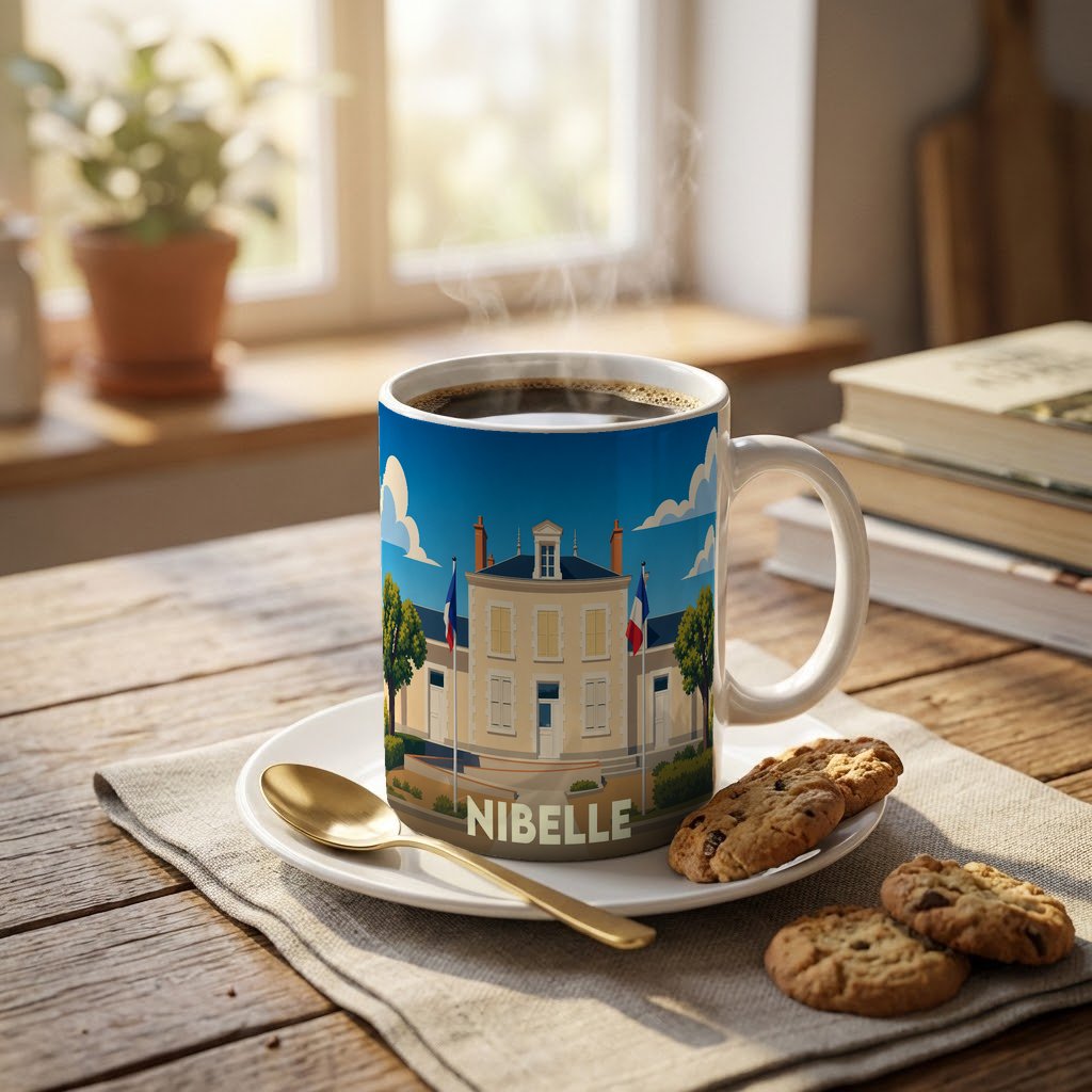 Mug souvenir de la ville de Nibelle avec une illustration stylisée de sa mairie.