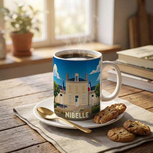 Mug souvenir de la ville de Nibelle avec une illustration stylisée de sa mairie.