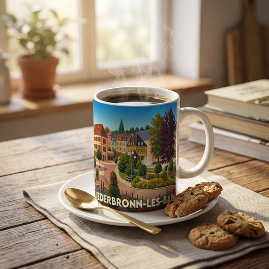 Mug souvenir de la ville de Niederbronn-les-Bains orné d'une illustration colorée et stylisée de son centre-ville.