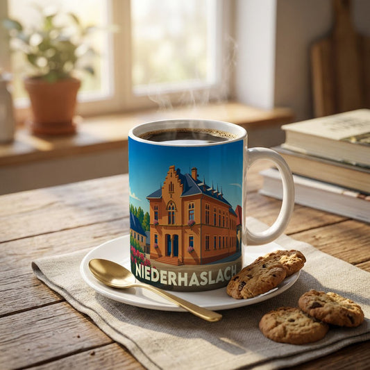 Mug souvenir de la ville de Niederhaslach avec une illustration stylisée d'un bâtiment historique.