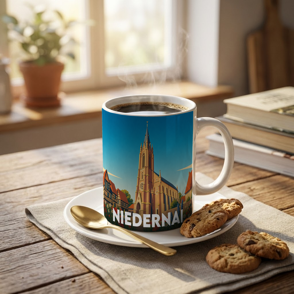 Mug souvenir de la ville de Niedernai avec une illustration stylisée.