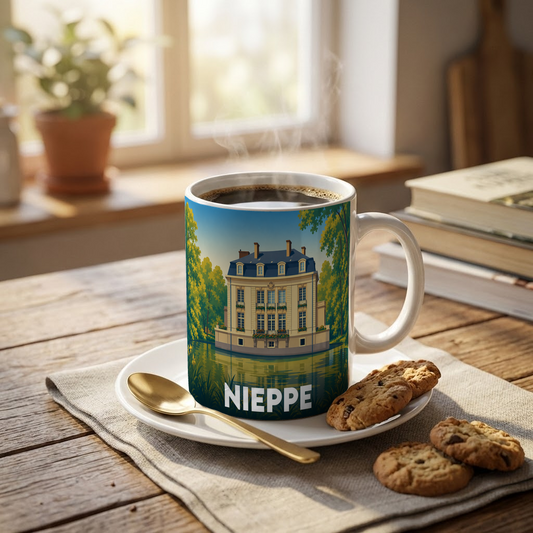 Mug souvenir de la ville de Nieppe orné d'une illustration stylisée de son château au bord de l'eau.