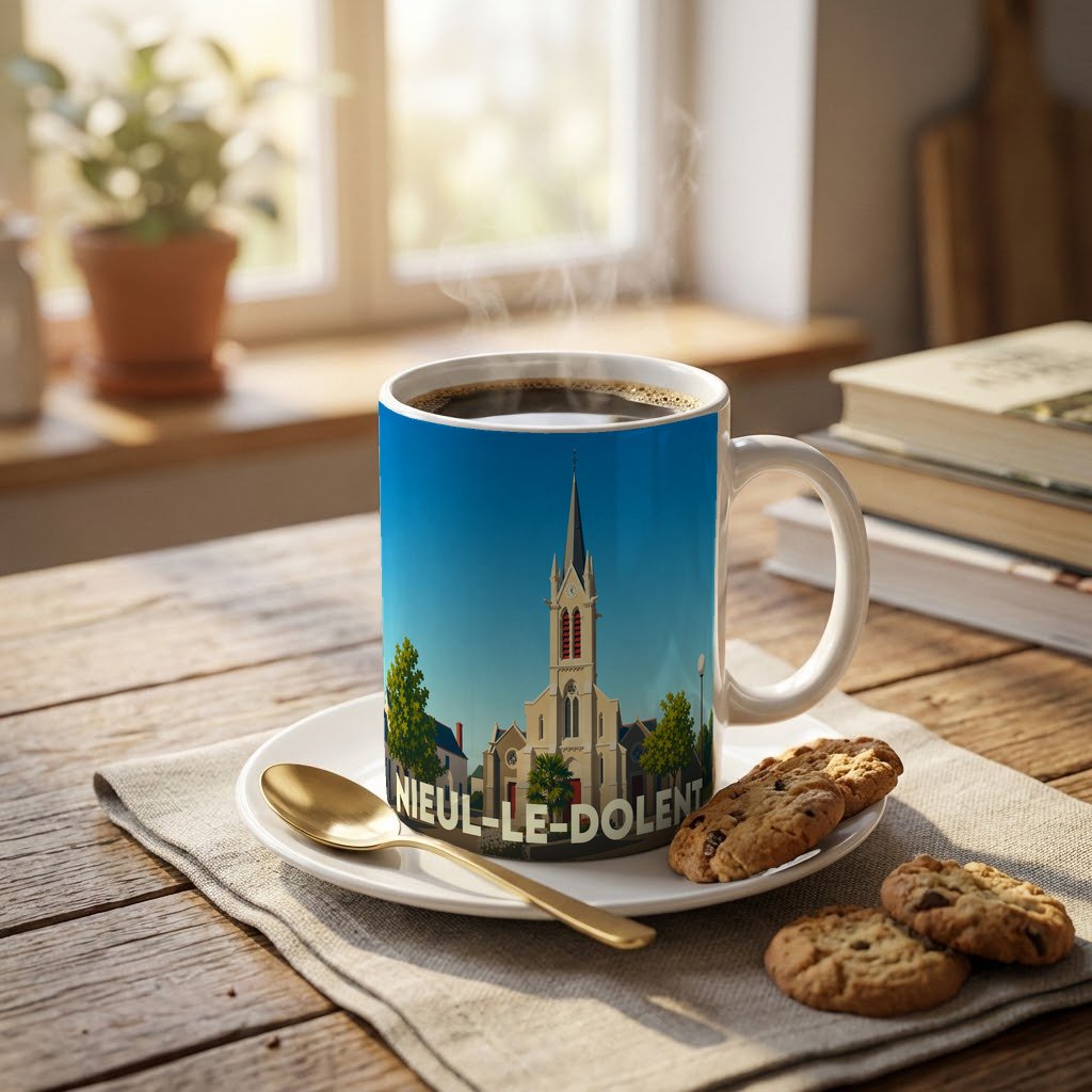 Mug souvenir de la ville de Nieul-le-Dolent avec une illustration stylisée de son église.