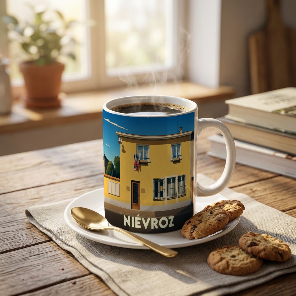 Mug souvenir de la ville de Niévroz avec une illustration stylisée d'un bâtiment communal.