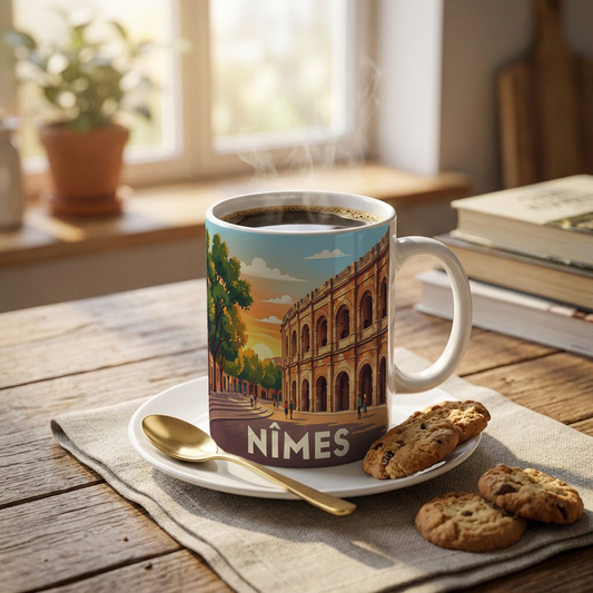Mug souvenir de la ville de Nîmes avec une illustration stylisée des arènes.