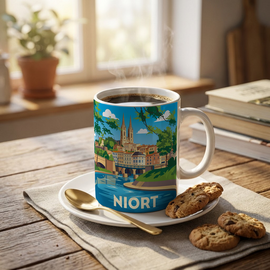 Mug souvenir de la ville de Niort avec une illustration stylisée.