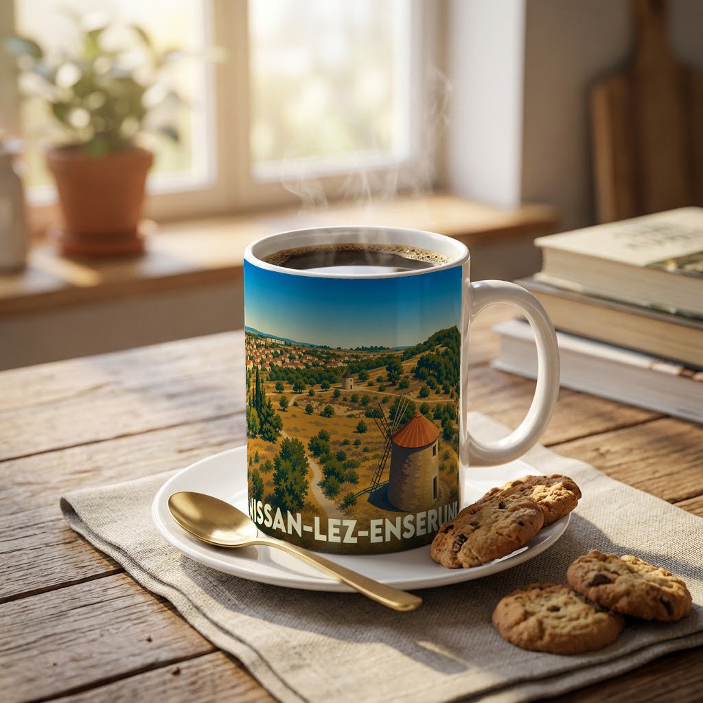 Mug souvenir de la ville de Nissan-lez-Enserune orné d'une illustration stylisée de ses moulins et paysages.