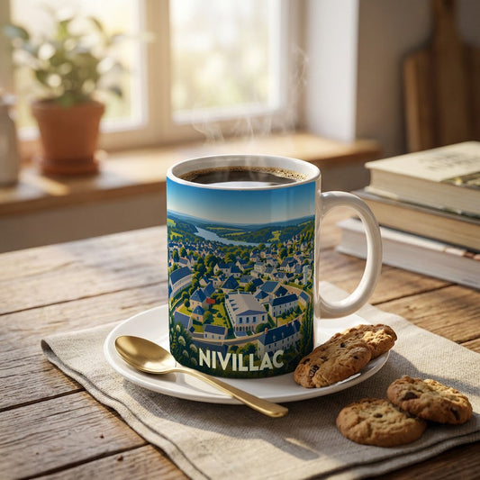 Mug souvenir de la ville de Nivillac orné d'une illustration panoramique stylisée.