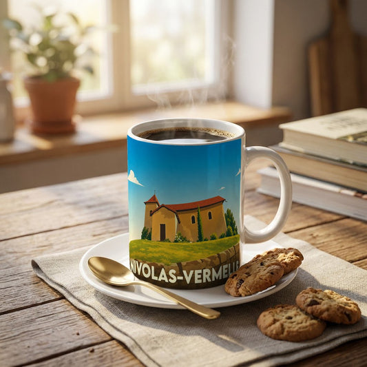 Mug souvenir de la ville de Nivolas-Vermelle illustré d'une église sous un ciel bleu.