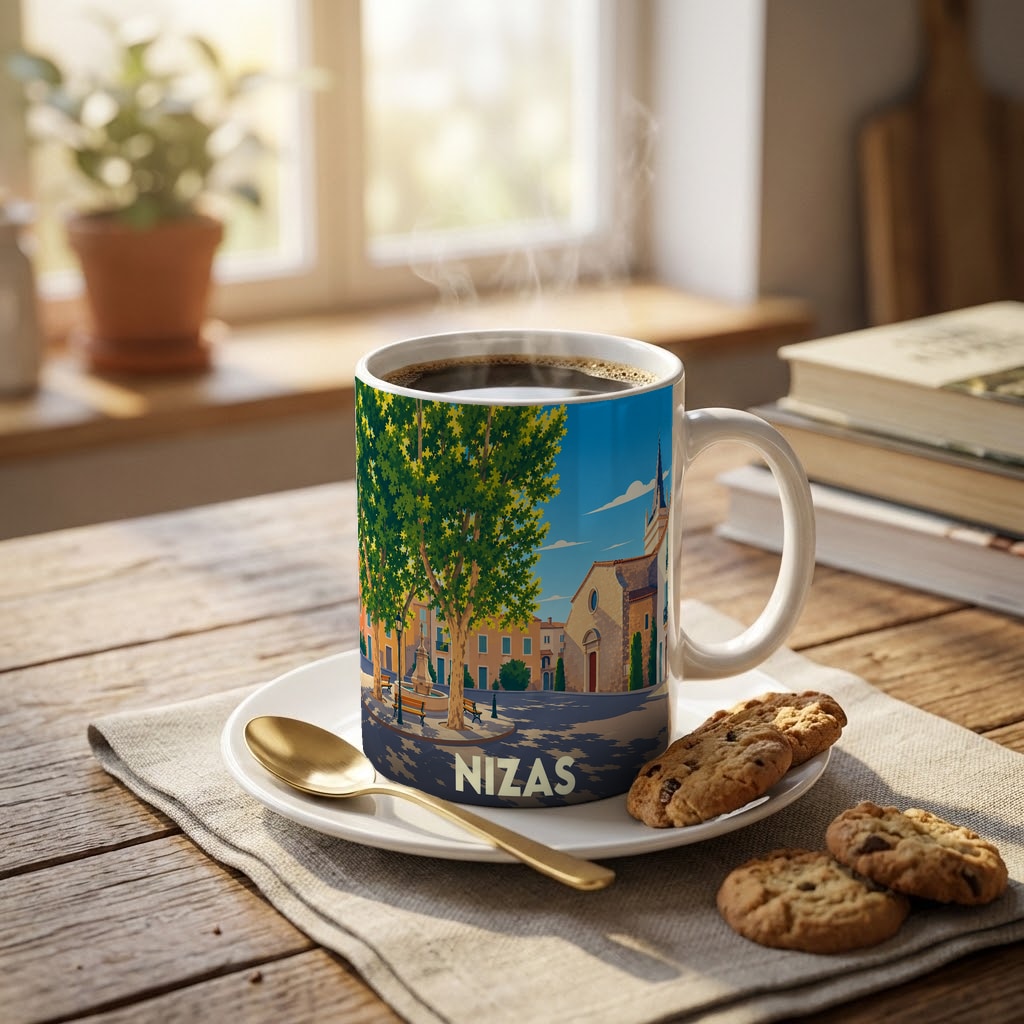 Mug souvenir de la ville de Nizas orné d'une illustration stylisée de sa place ensoleillée.