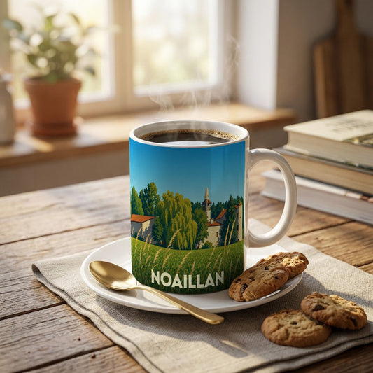Mug souvenir de la ville de Noaillan avec une illustration stylisée de son paysage et de son église.