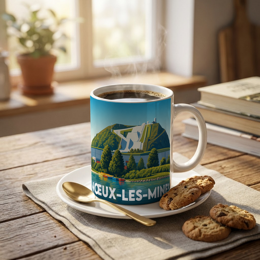 Mug souvenir de la ville de Nœux-les-Mines avec une illustration stylisée.
