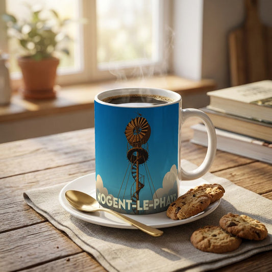 Mug souvenir de la ville de Nogent-le-Phaye orné d'une illustration stylisée de son éolienne Bollée.