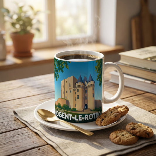 Mug souvenir de la ville de Nogent-le-Rotrou orné d'une illustration stylisée de son château médiéval.