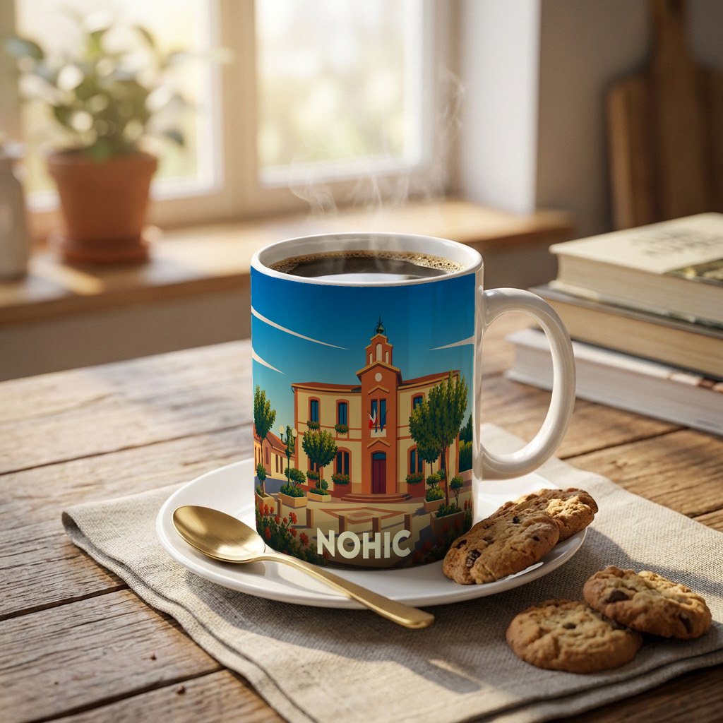 Mug souvenir de la ville de Nohic avec une illustration stylisée de sa mairie.