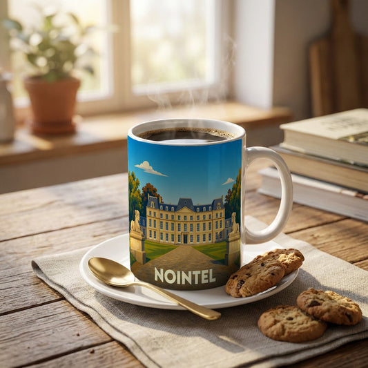 Mug souvenir de la ville de Nointel avec une illustration stylisée de son château.